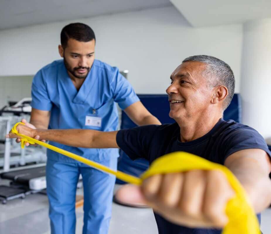 man performing arm stretch physical therapy exercise